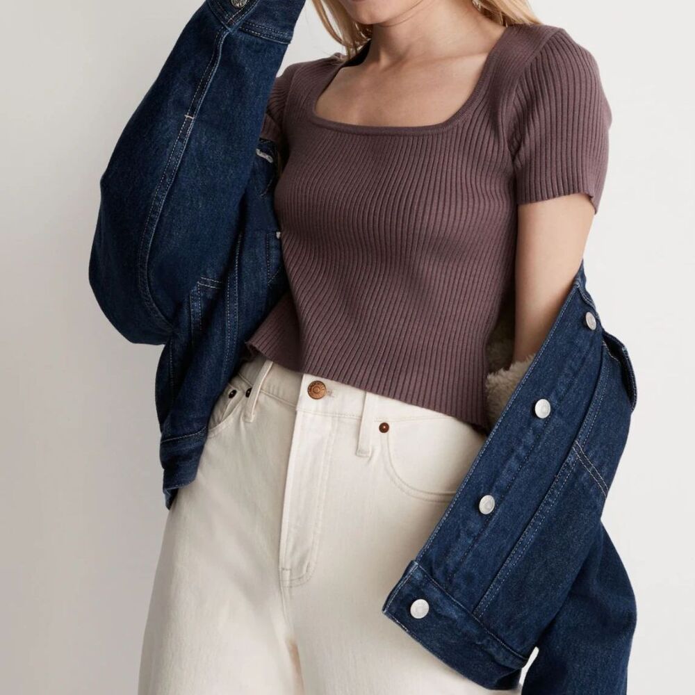 Madewell Square Neck Crop Sweater Tee XXS Fig Ribbed Minimalist Knit Top